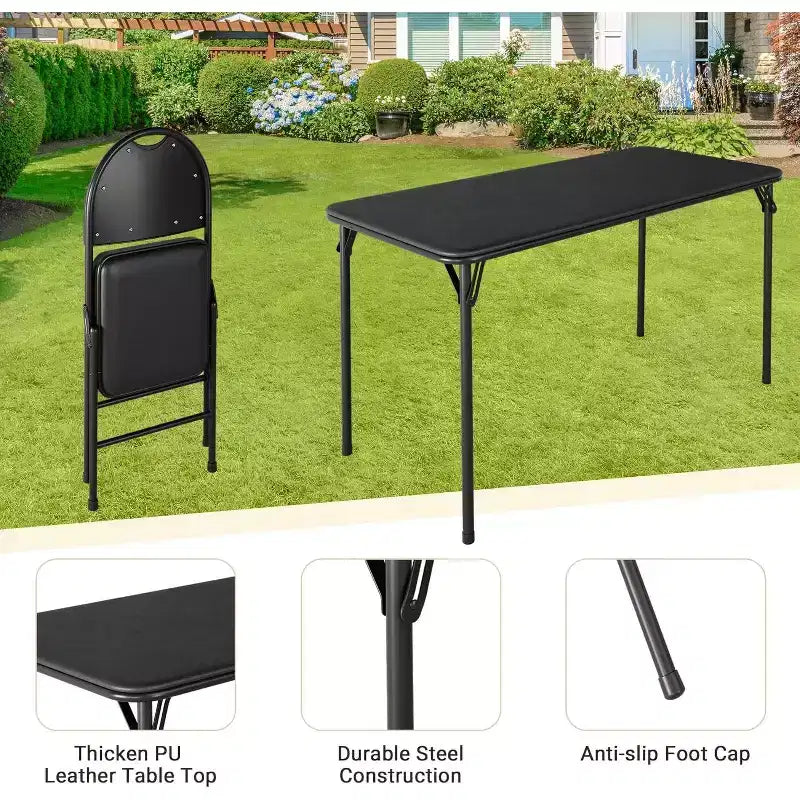 Portable Folding Card Table and Chair Set for 4, 5 Piece PU Upholstered Padded Tabletop and Chairs,for Camping, Dining Room, Office