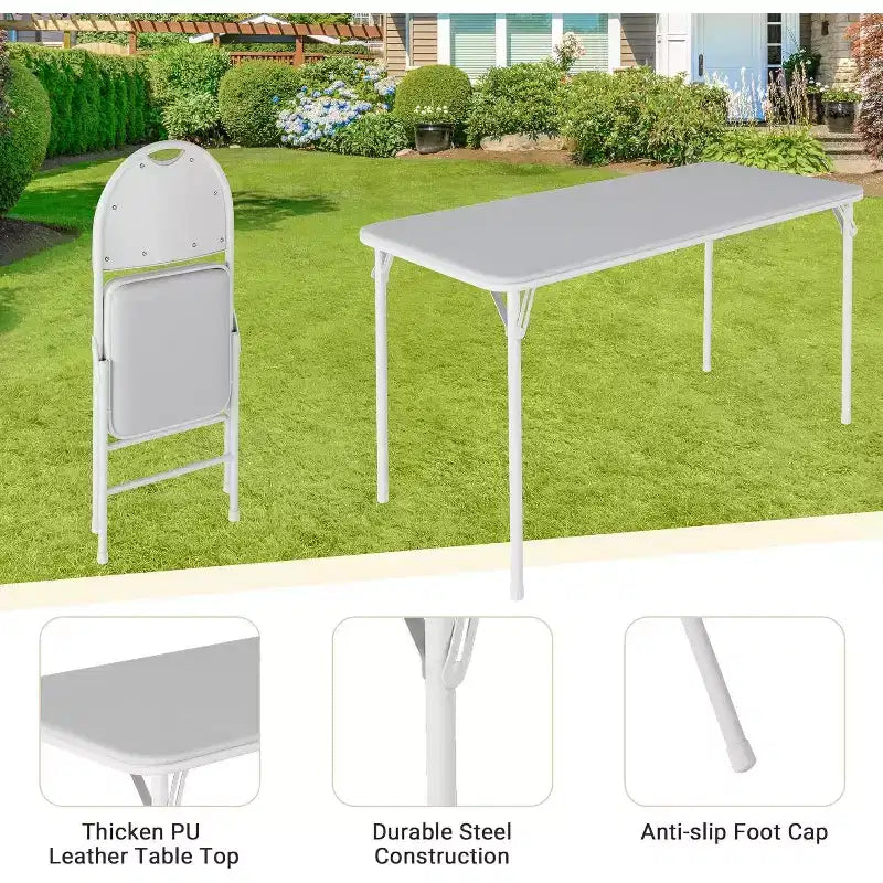 Portable Folding Card Table and Chair Set for 4, 5 Piece PU Upholstered Padded Tabletop and Chairs,for Camping, Dining Room, Office