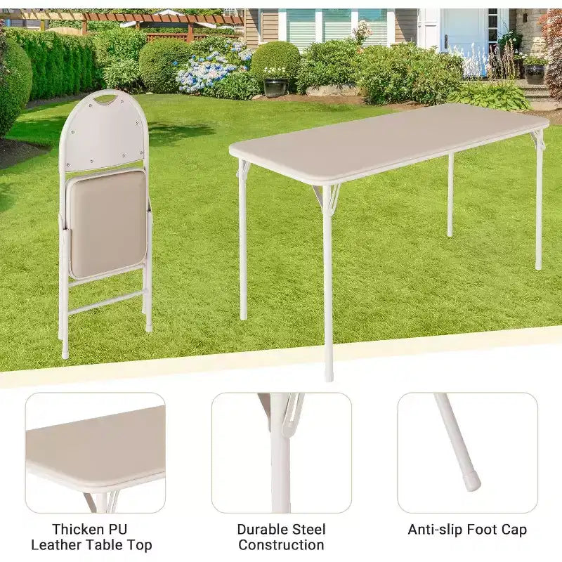 Portable Folding Card Table and Chair Set for 4, 5 Piece PU Upholstered Padded Tabletop and Chairs,for Camping, Dining Room, Office