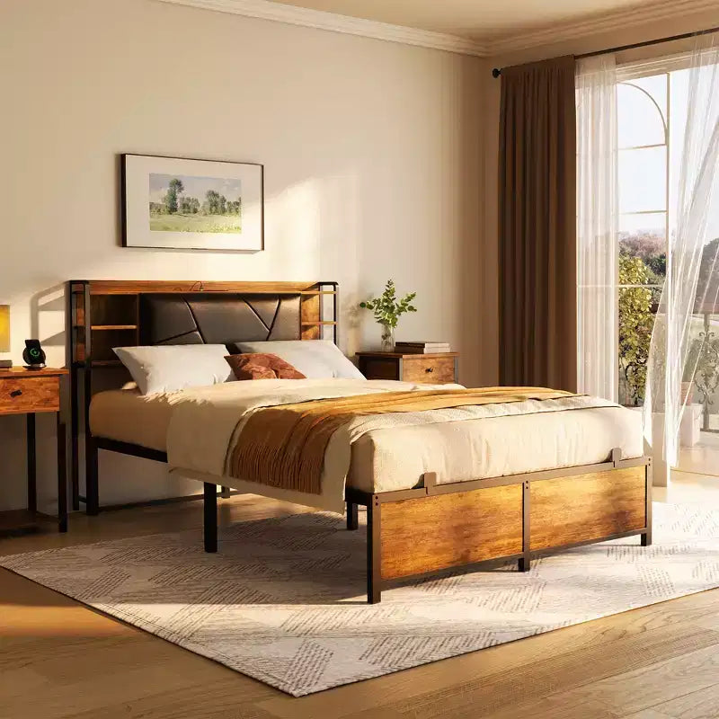 Besiost Upholstered Bed Frame with Storage Headboard, Charging Station and LED Light