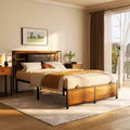Besiost Upholstered Bed Frame with Storage Headboard, Charging Station and LED Light