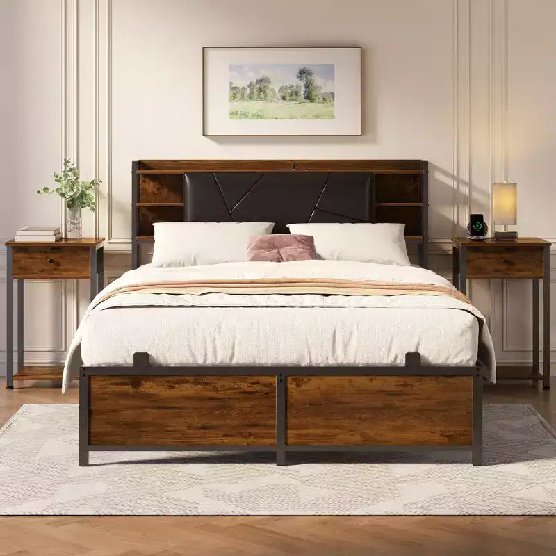 Upholstered Bed Frame with Storage Headboard, Charging Station and LED Light