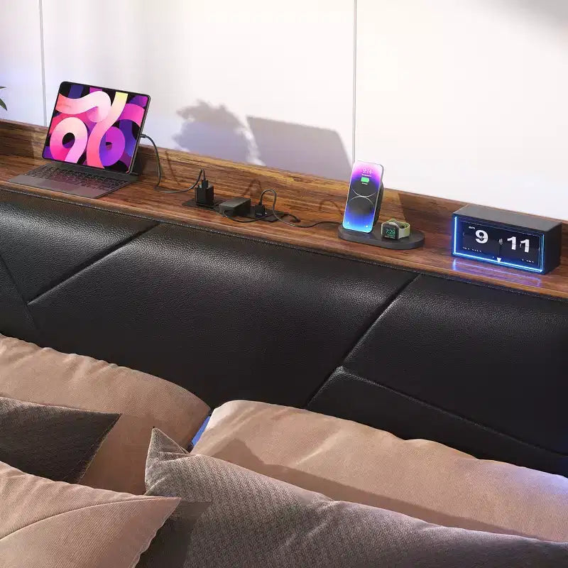 Upholstered Bed Frame with Storage Headboard, Charging Station and LED Light