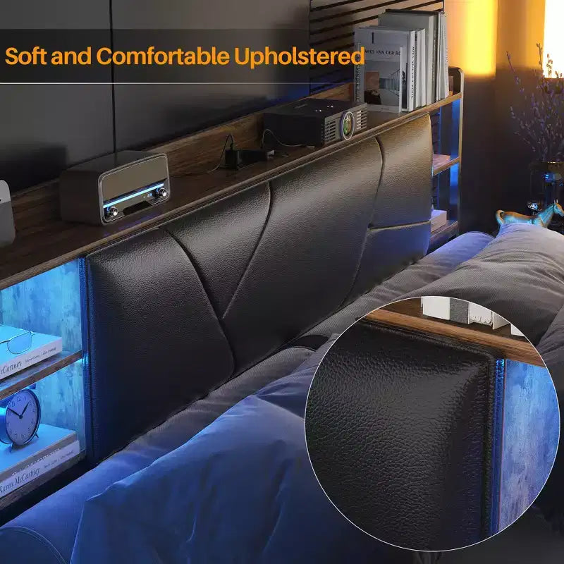 Upholstered Bed Frame with Storage Headboard, Charging Station and LED Light
