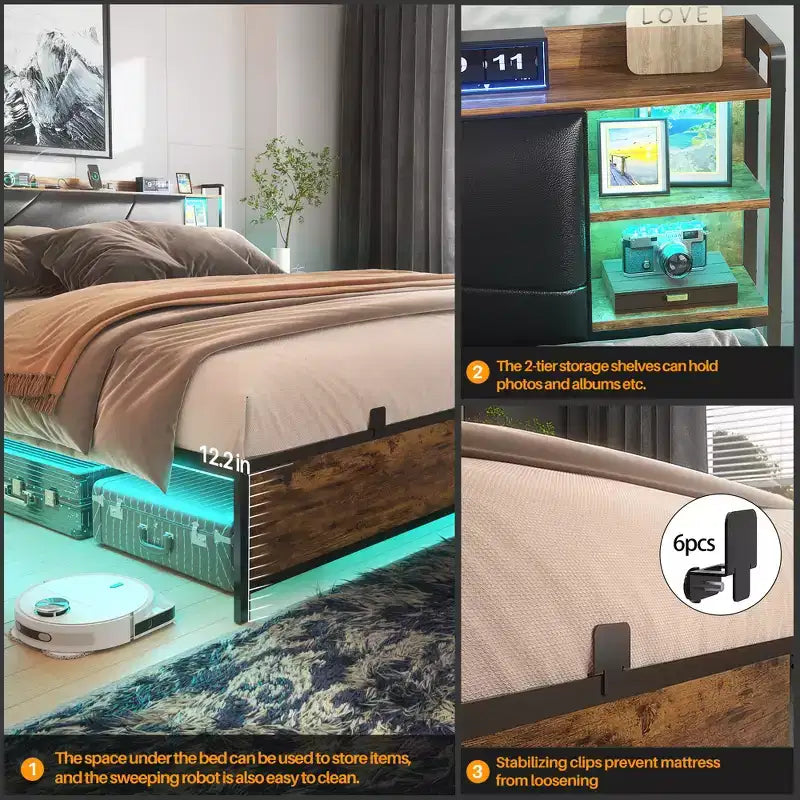 Upholstered Bed Frame with Storage Headboard, Charging Station and LED Light