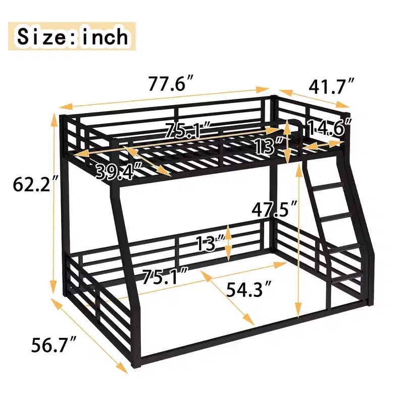 Metal Floor Bunk Bed Frame, Heavy-Duty, Noise-Reduced, 500lbs Capacity for Kids Teens Adults, Black