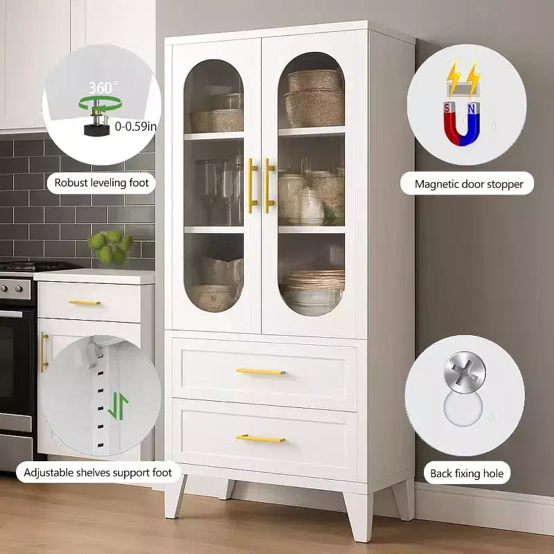 Pantry Storage Cabinet with Drawer, Glass Doors, Adjustable Shelves, 73-Inch Metal Pantry Cabinet for Kitchen, Laundry, Living, Dining, Tool Room