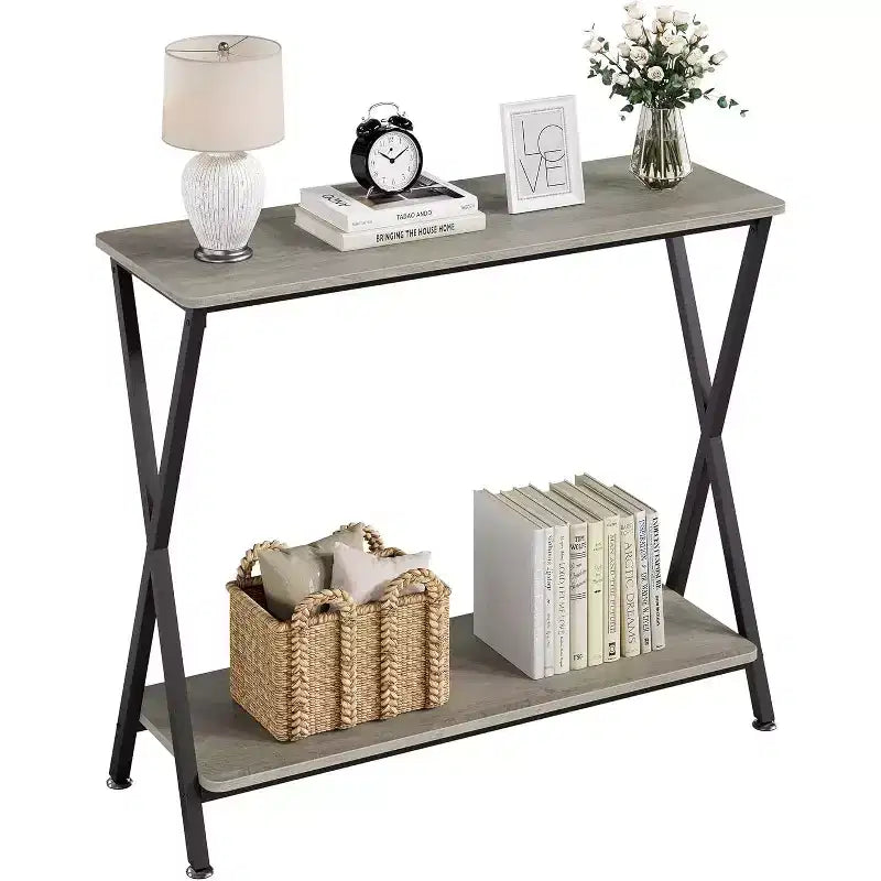 Narrow 2-Tier Console Table, Industrial Long Sofa Table for Behind Couch, Entryway/Hallway/Foyer  Grey