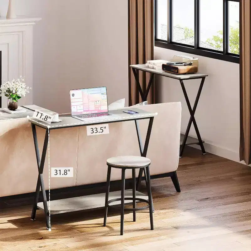 Narrow 2-Tier Console Table, Industrial Long Sofa Table for Behind Couch, Entryway/Hallway/Foyer  Grey