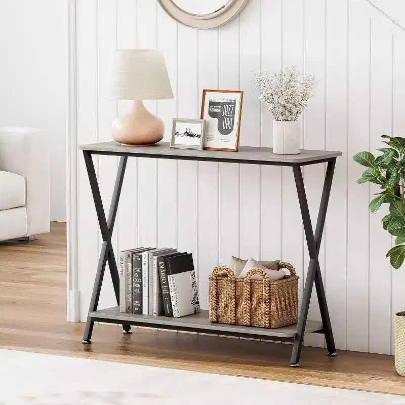 Narrow 2-Tier Console Table, Industrial Long Sofa Table for Behind Couch, Entryway/Hallway/Foyer  Grey