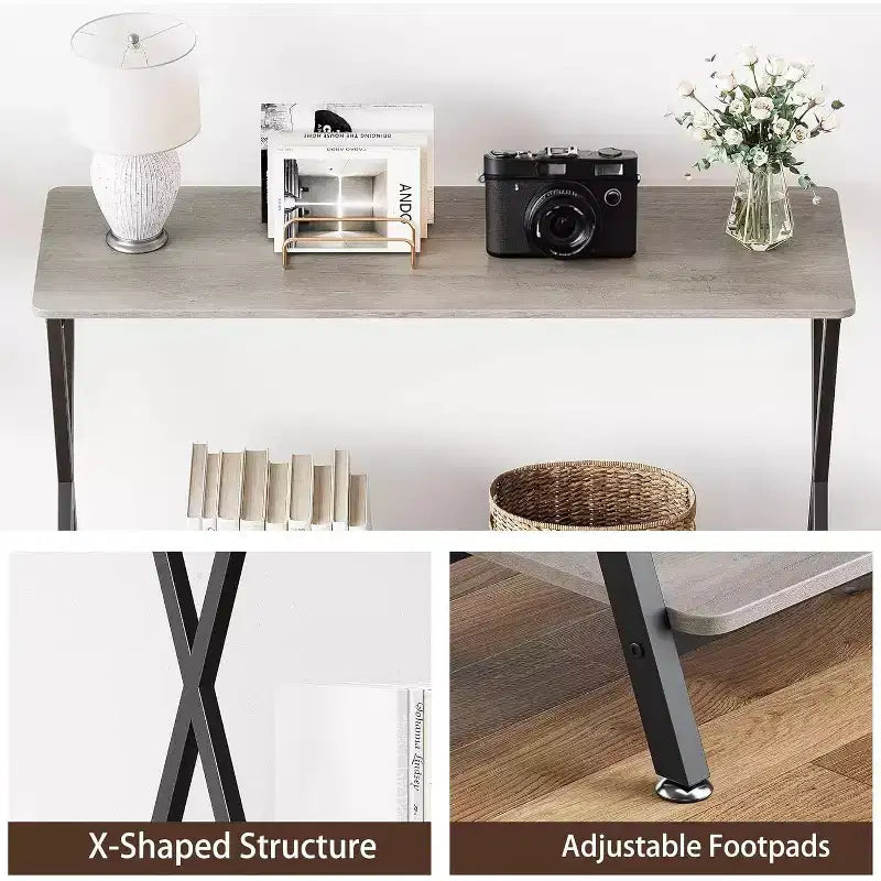 Narrow 2-Tier Console Table, Industrial Long Sofa Table for Behind Couch, Entryway/Hallway/Foyer  Grey