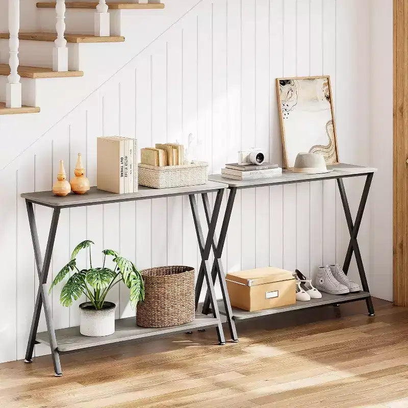 Narrow 2-Tier Console Table, Industrial Long Sofa Table for Behind Couch, Entryway/Hallway/Foyer  Grey