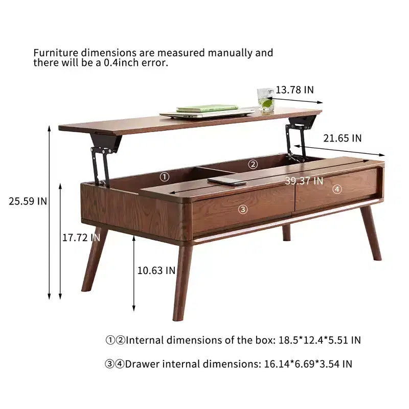 Table basse relevable, table centrale en chêne massif avec rangement caché pour salon ou bureau à domicile, assemblage facile