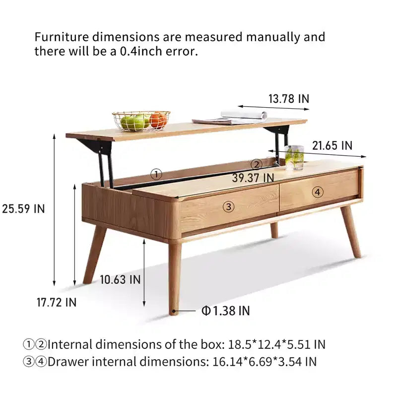 Elevating Lift-Top Coffee Table, Solid Oak Center Table with Hidden Storage for Living Room Home Office, Easy Assembly