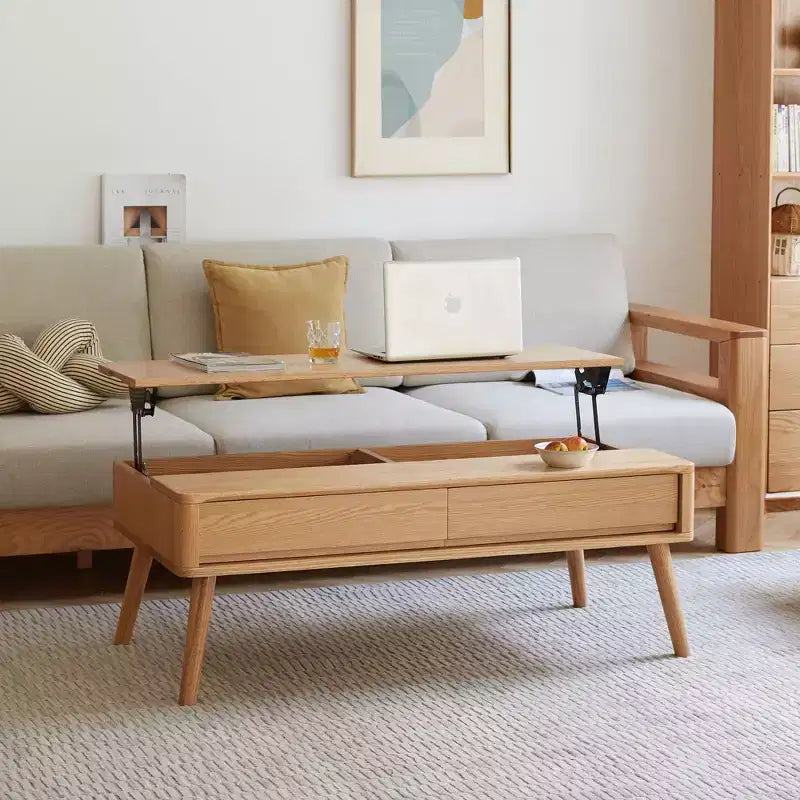 Table basse relevable, table centrale en chêne massif avec rangement caché pour salon ou bureau à domicile, assemblage facile