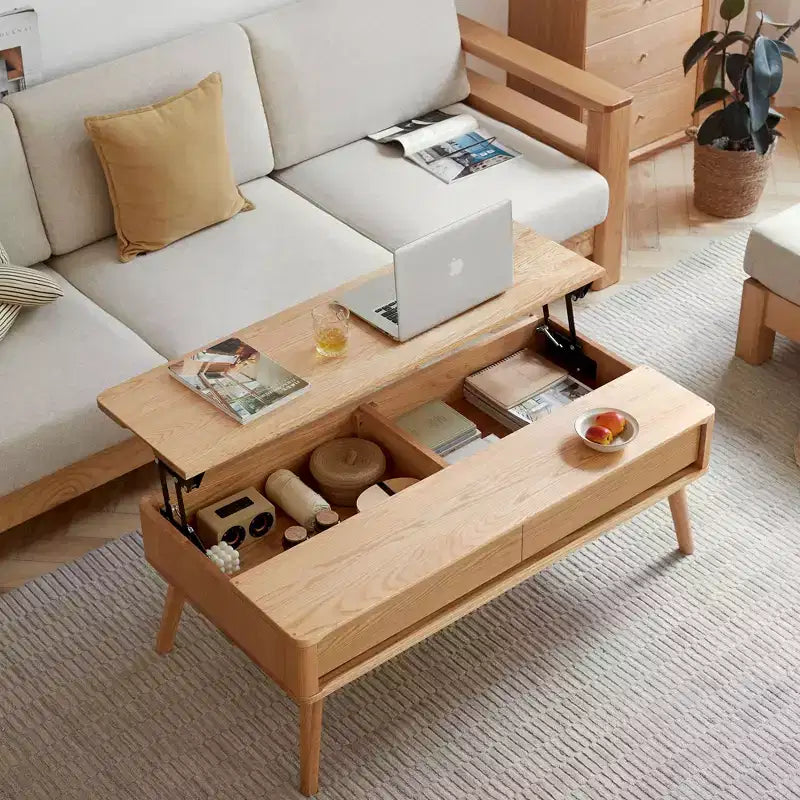 MAYEERTY Elevating Lift-Top Coffee Table, Solid Oak Center Table with Hidden Storage for Living Room Home Office, Easy Assembly
