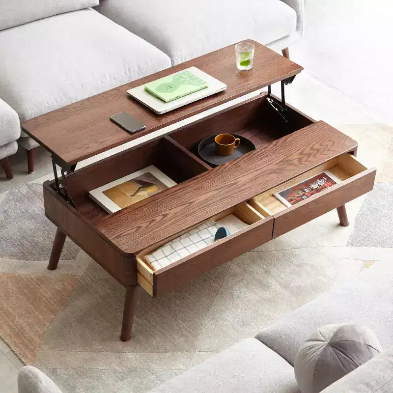 Elevating Lift-Top Coffee Table, Solid Oak Center Table with Hidden Storage for Living Room Home Office, Easy Assembly
