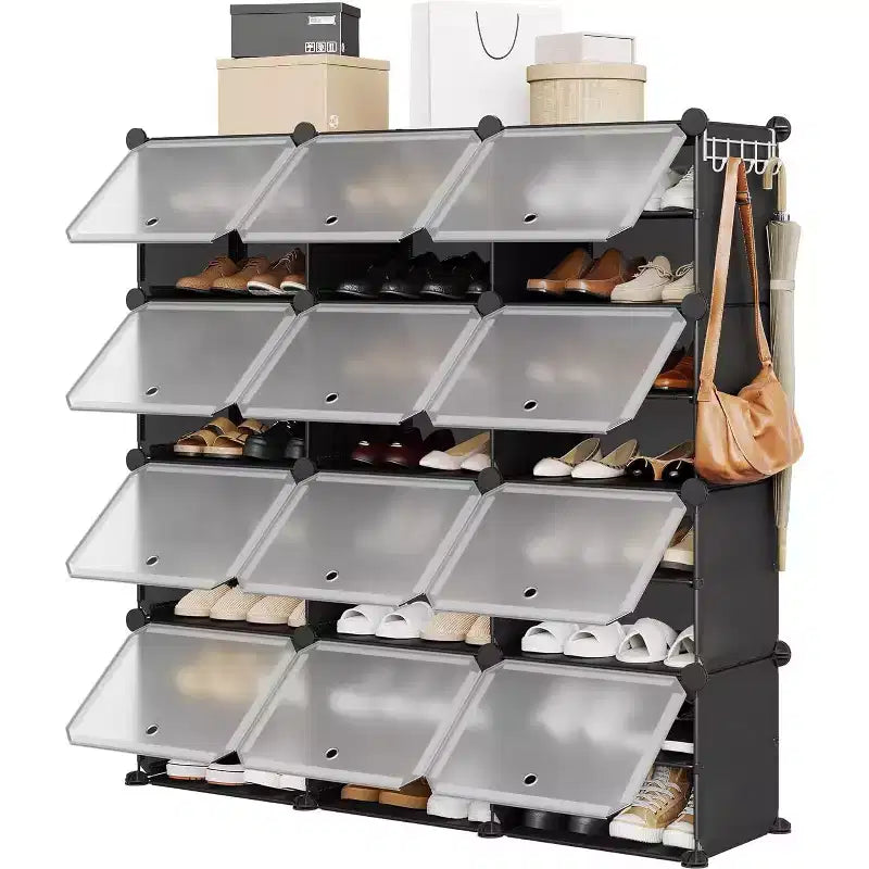 COZONY PVC Tiered Shoe Rack, 3 Columns 8 Tier Shoe Storage Cabinet, Plastic Shoe Shelves Organizer for Hallway Closet Bedroom Entryway White