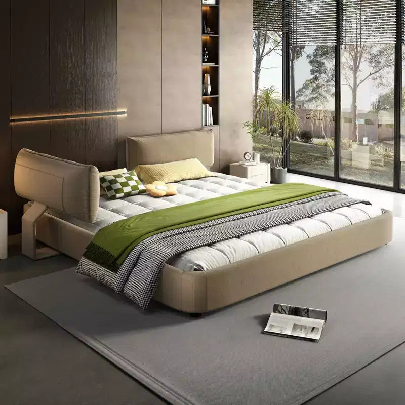Cadre de lit King Size Cloud avec tête de lit mobile rembourrée surdimensionnée, coins arrondis, lattes en bois massif en métal double support Camel