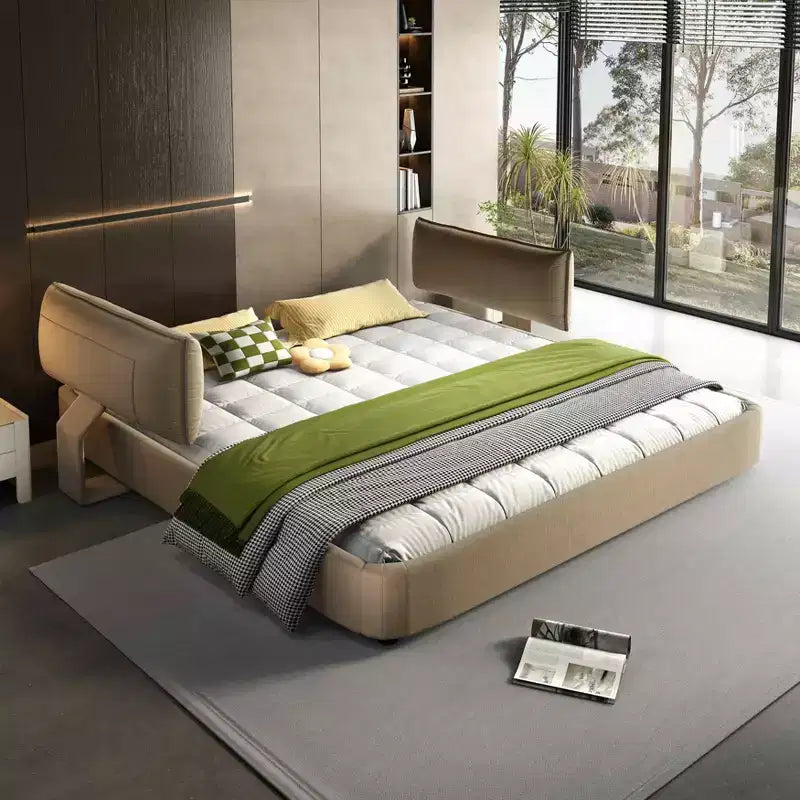 Cadre de lit King Size Cloud avec tête de lit mobile rembourrée surdimensionnée, coins arrondis, lattes en bois massif en métal double support Camel