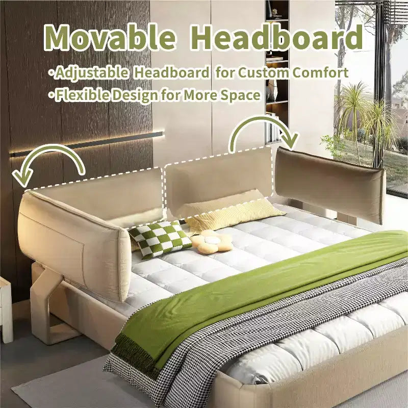 Cadre de lit King Size Cloud avec tête de lit mobile rembourrée surdimensionnée, coins arrondis, lattes en bois massif en métal double support Camel