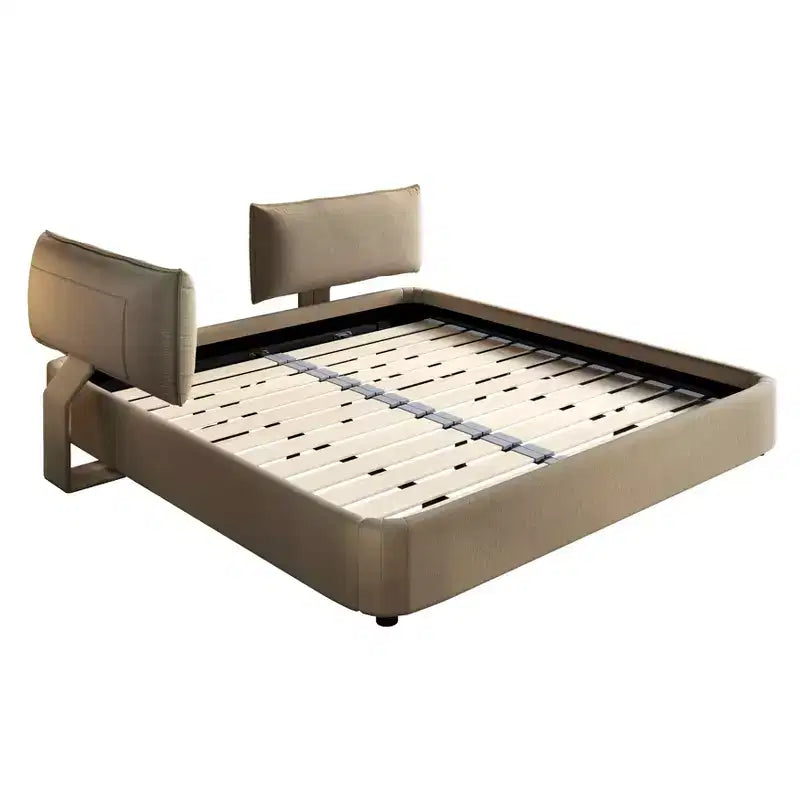 Cadre de lit King Size Cloud avec tête de lit mobile rembourrée surdimensionnée, coins arrondis, lattes en bois massif en métal double support Camel