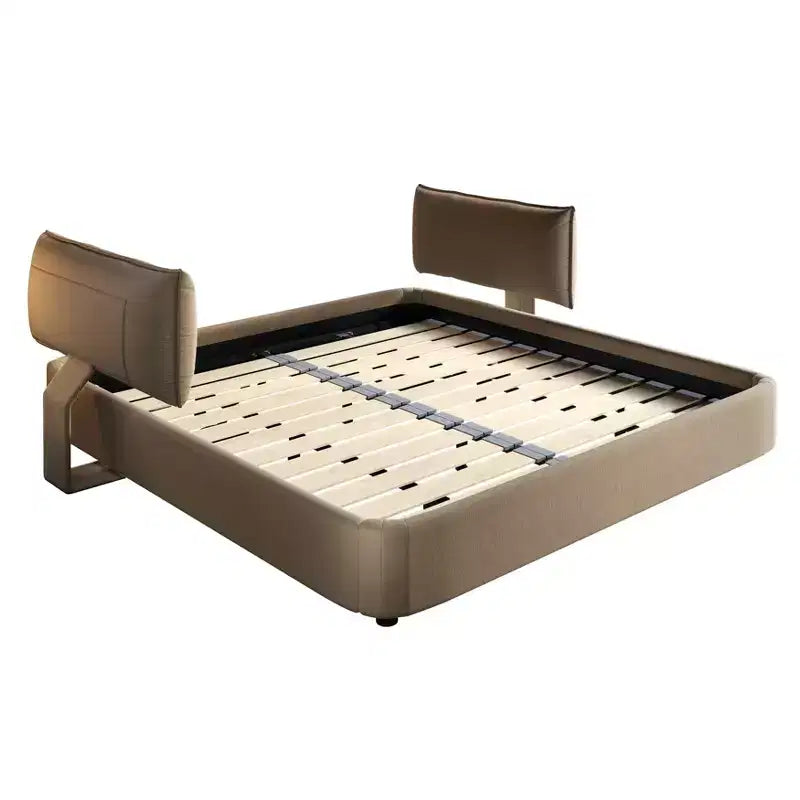 Cadre de lit King Size Cloud avec tête de lit mobile rembourrée surdimensionnée, coins arrondis, lattes en bois massif en métal double support Camel