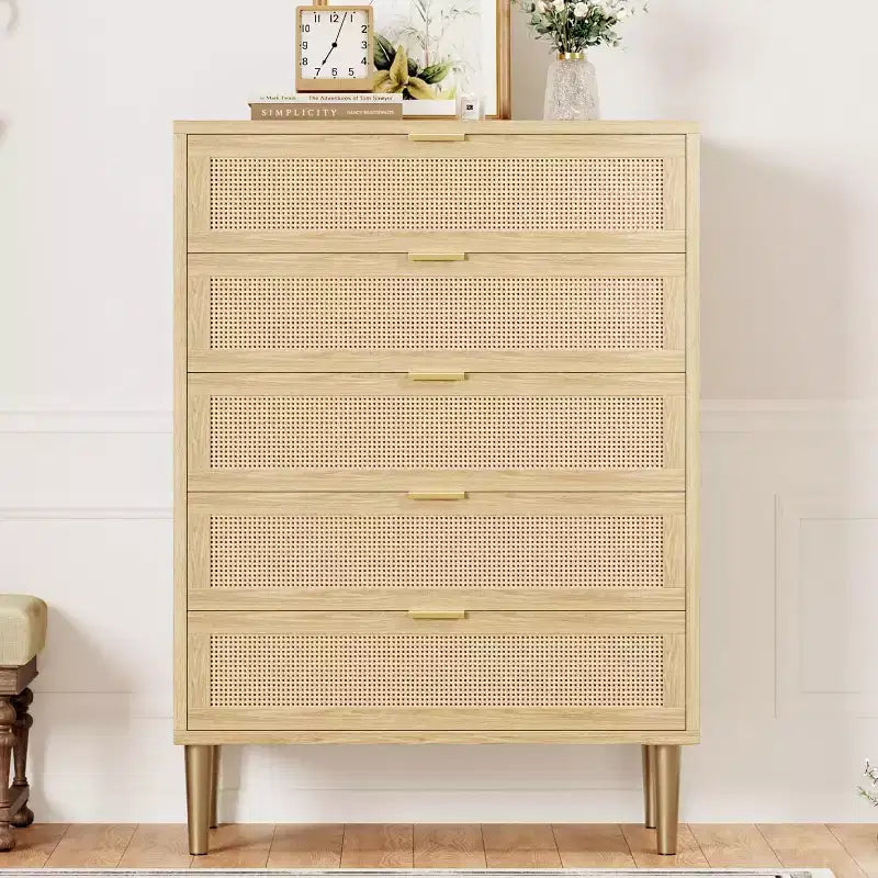 5 Drawer Rattan Dresser for Bedroom, Bohemian Chest of Dressers with Metal Legs, Sleek Wood Dresser with Ample Storage, Rattan Chest of Drawers