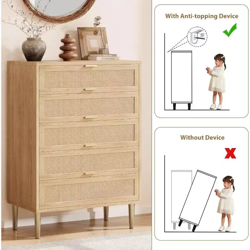 5 Drawer Rattan Dresser for Bedroom, Bohemian Chest of Dressers with Metal Legs, Sleek Wood Dresser with Ample Storage, Rattan Chest of Drawers