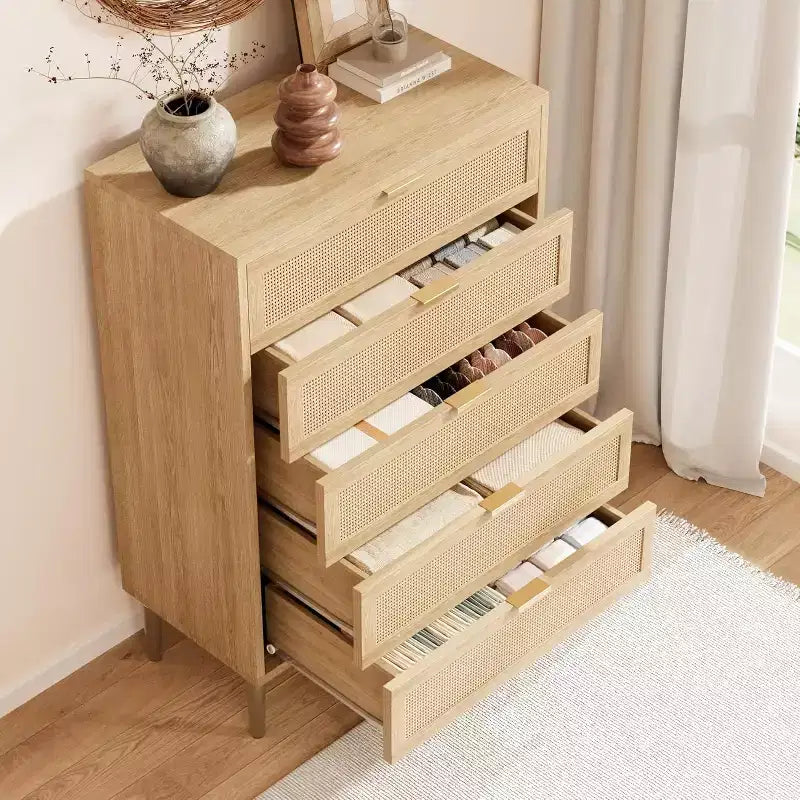 5 Drawer Rattan Dresser for Bedroom, Bohemian Chest of Dressers with Metal Legs, Sleek Wood Dresser with Ample Storage, Rattan Chest of Drawers