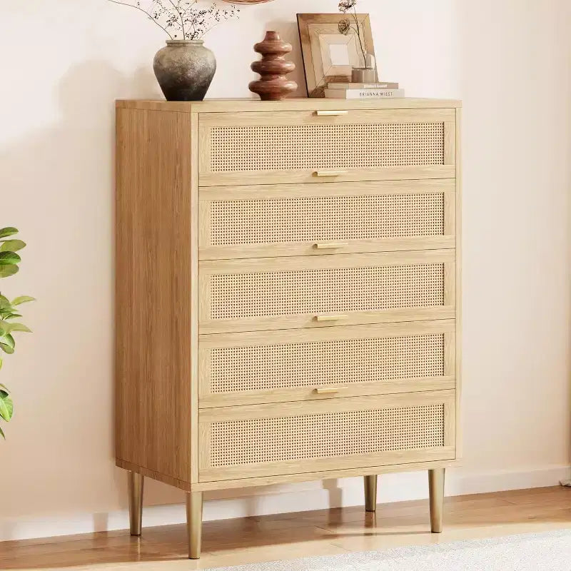 5 Drawer Rattan Dresser for Bedroom, Bohemian Chest of Dressers with Metal Legs, Sleek Wood Dresser with Ample Storage, Rattan Chest of Drawers