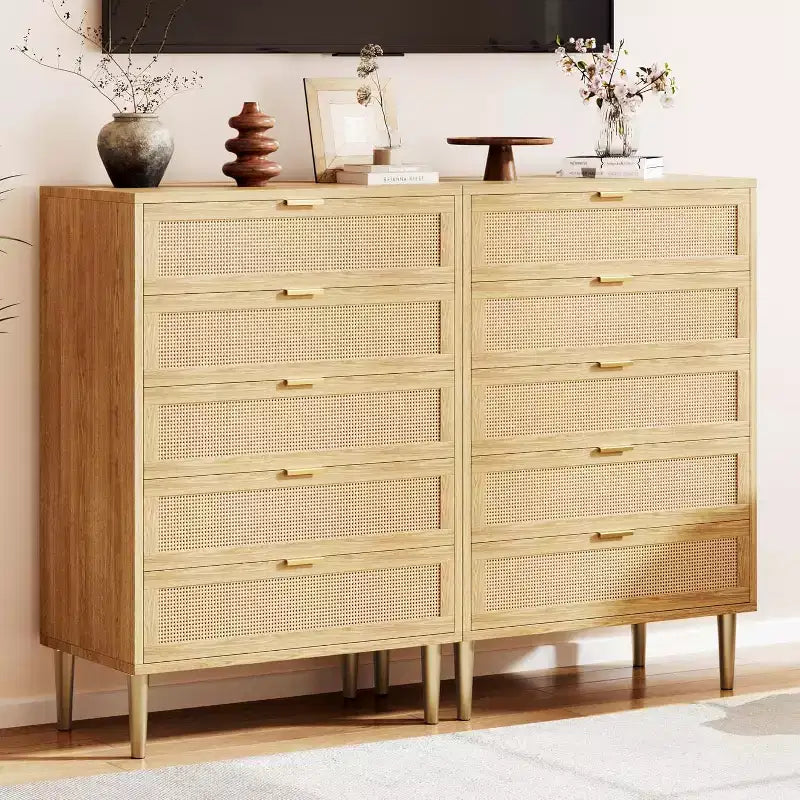 5 Drawer Rattan Dresser for Bedroom, Bohemian Chest of Dressers with Metal Legs, Sleek Wood Dresser with Ample Storage, Rattan Chest of Drawers