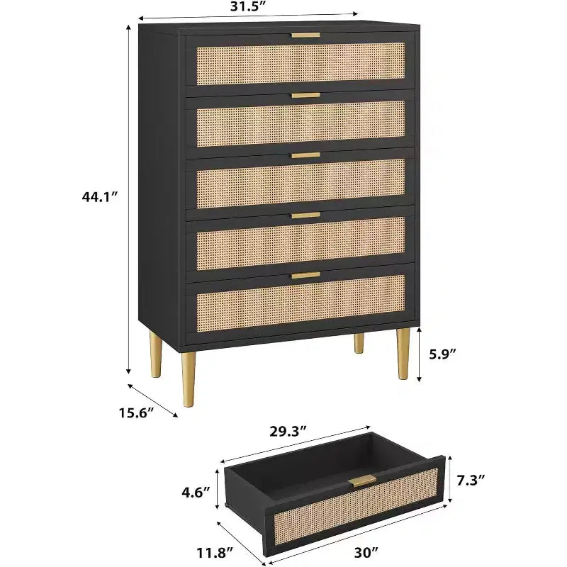 5 Drawer Rattan Dresser for Bedroom, Bohemian Chest of Dressers with Metal Legs, Sleek Wood Dresser with Ample Storage, Rattan Chest of Drawers