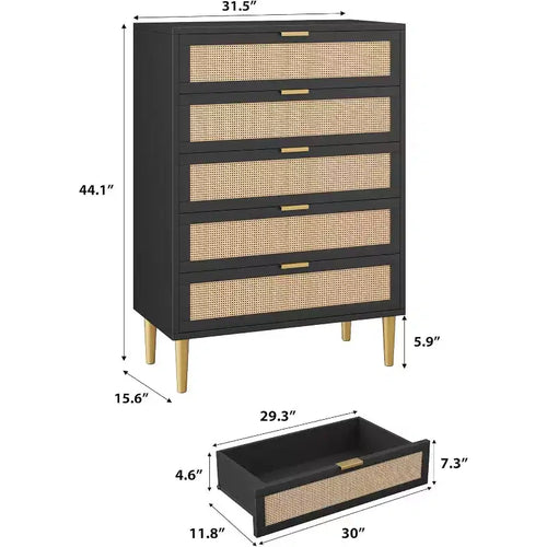 Commode à 5 tiroirs en rotin pour chambre à coucher, commode bohème avec pieds en métal, commode en bois élégante avec grand espace de rangement, commode en rotin