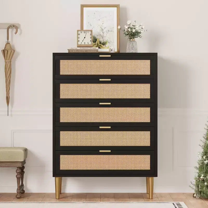 5 Drawer Rattan Dresser for Bedroom, Bohemian Chest of Dressers with Metal Legs, Sleek Wood Dresser with Ample Storage, Rattan Chest of Drawers