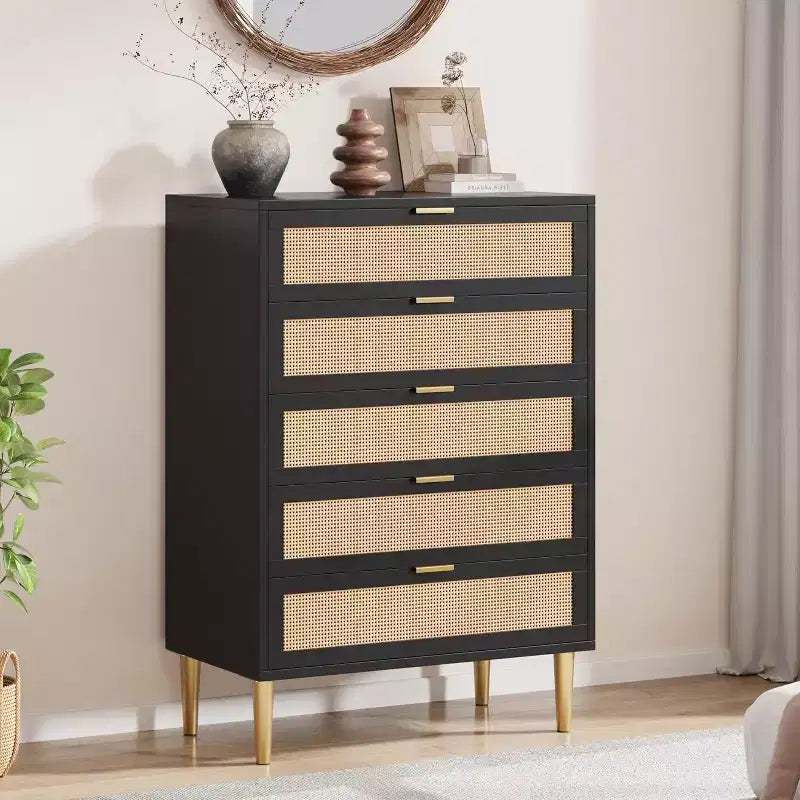 5 Drawer Rattan Dresser for Bedroom, Bohemian Chest of Dressers with Metal Legs, Sleek Wood Dresser with Ample Storage, Rattan Chest of Drawers