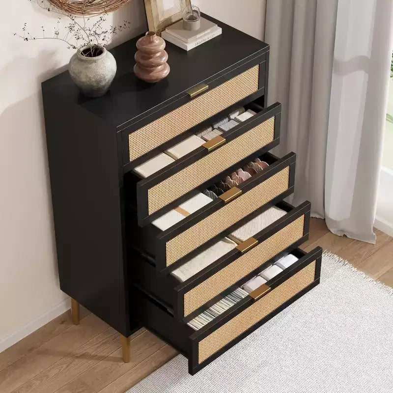 5 Drawer Rattan Dresser for Bedroom, Bohemian Chest of Dressers with Metal Legs, Sleek Wood Dresser with Ample Storage, Rattan Chest of Drawers