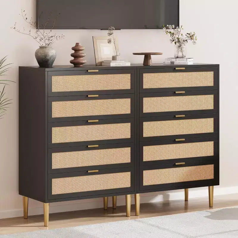 5 Drawer Rattan Dresser for Bedroom, Bohemian Chest of Dressers with Metal Legs, Sleek Wood Dresser with Ample Storage, Rattan Chest of Drawers