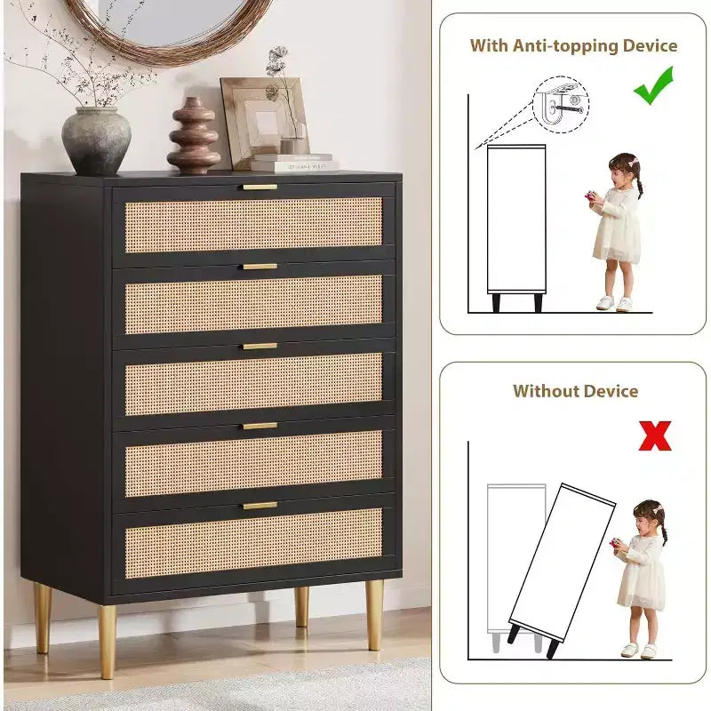 5 Drawer Rattan Dresser for Bedroom, Bohemian Chest of Dressers with Metal Legs, Sleek Wood Dresser with Ample Storage, Rattan Chest of Drawers