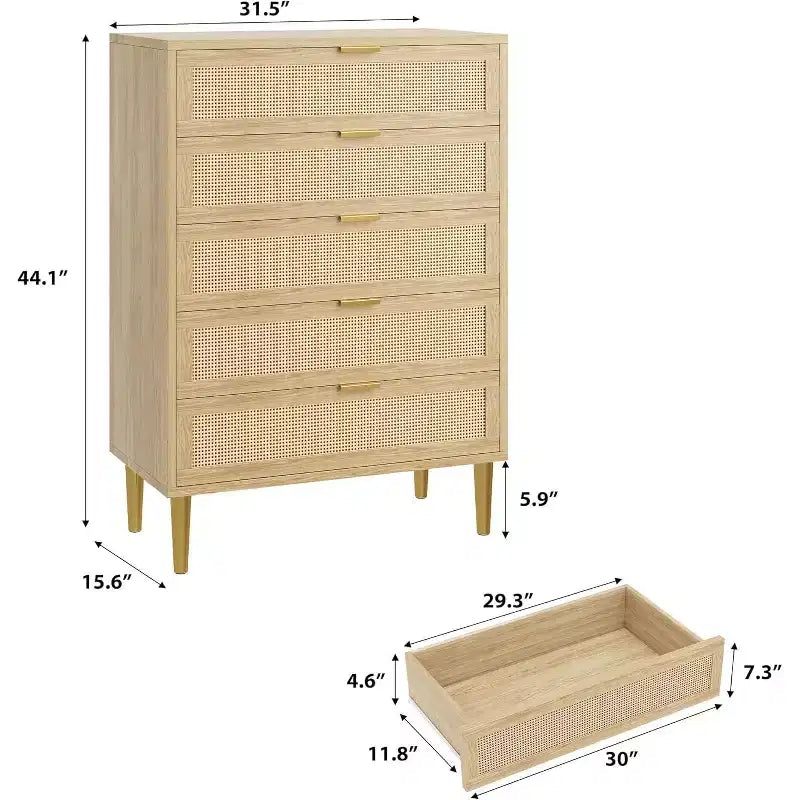 5 Drawer Rattan Dresser for Bedroom, Bohemian Chest of Dressers with Metal Legs, Sleek Wood Dresser with Ample Storage, Rattan Chest of Drawers