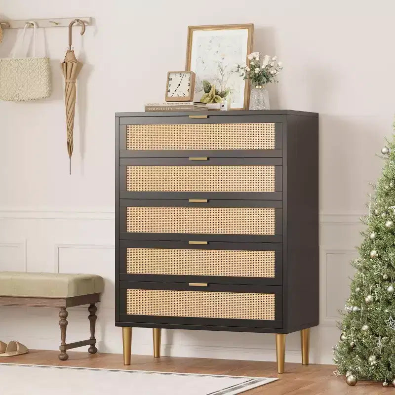 5 Drawer Rattan Dresser for Bedroom, Bohemian Chest of Dressers with Metal Legs, Sleek Wood Dresser with Ample Storage, Rattan Chest of Drawers