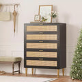 5 Drawer Rattan Dresser for Bedroom, Bohemian Chest of Dressers with Metal Legs, Sleek Wood Dresser with Ample Storage, Rattan Chest of Drawers