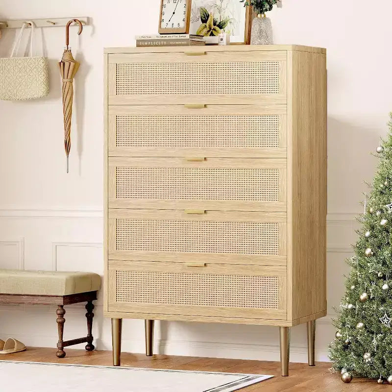 5 Drawer Rattan Dresser for Bedroom, Bohemian Chest of Dressers with Metal Legs, Sleek Wood Dresser with Ample Storage, Rattan Chest of Drawers