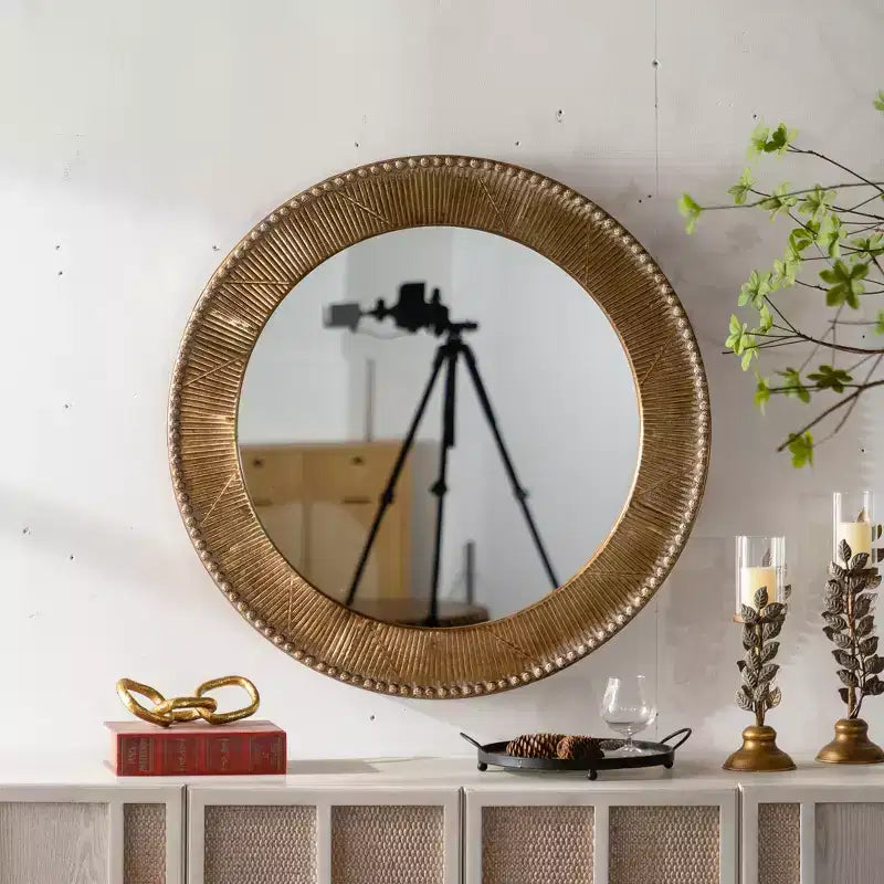 Miroir mural rond texturé martelé de 31,3 po, miroir décoratif rustique pour salon chambre, doré