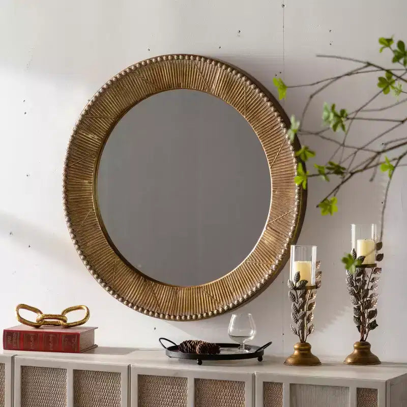 Miroir mural rond texturé martelé de 31,3 po, miroir décoratif rustique pour salon chambre, doré