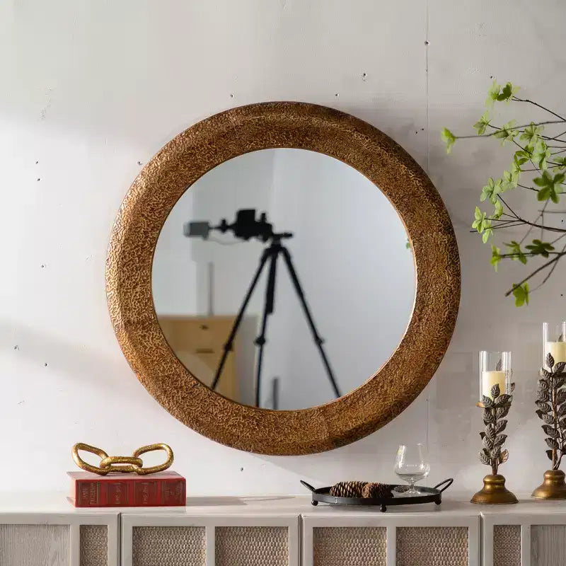 31.3 Hammered Textured Round Wall Mirror, Decorative Accent Mirror Rustic Mirror for Living Room Bedroom, Gold