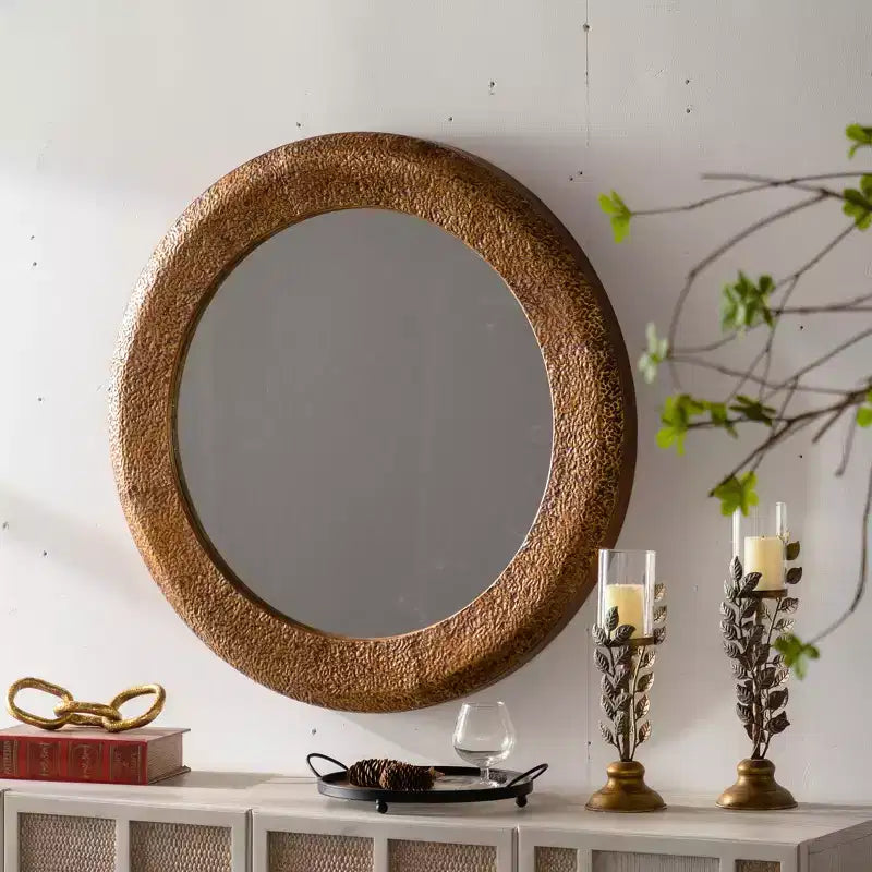 31.3 Hammered Textured Round Wall Mirror, Decorative Accent Mirror Rustic Mirror for Living Room Bedroom, Gold
