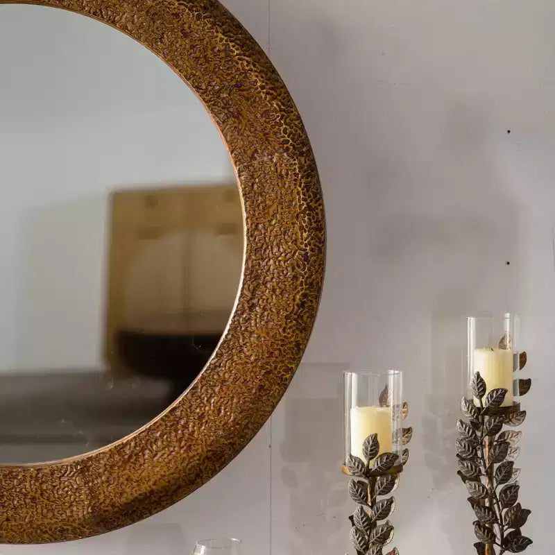 31.3 Hammered Textured Round Wall Mirror, Decorative Accent Mirror Rustic Mirror for Living Room Bedroom, Gold