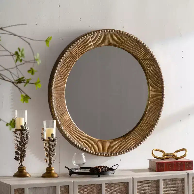 31.3 Hammered Textured Round Wall Mirror, Decorative Accent Mirror Rustic Mirror for Living Room Bedroom, Gold