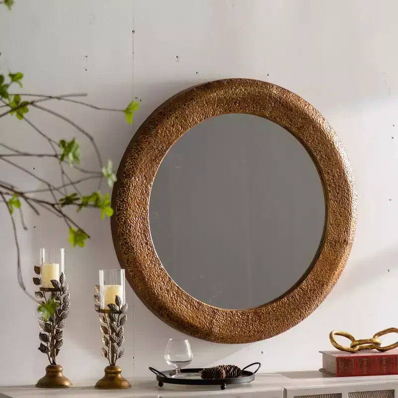 31.3 Hammered Textured Round Wall Mirror, Decorative Accent Mirror Rustic Mirror for Living Room Bedroom, Gold - ModernLuxe